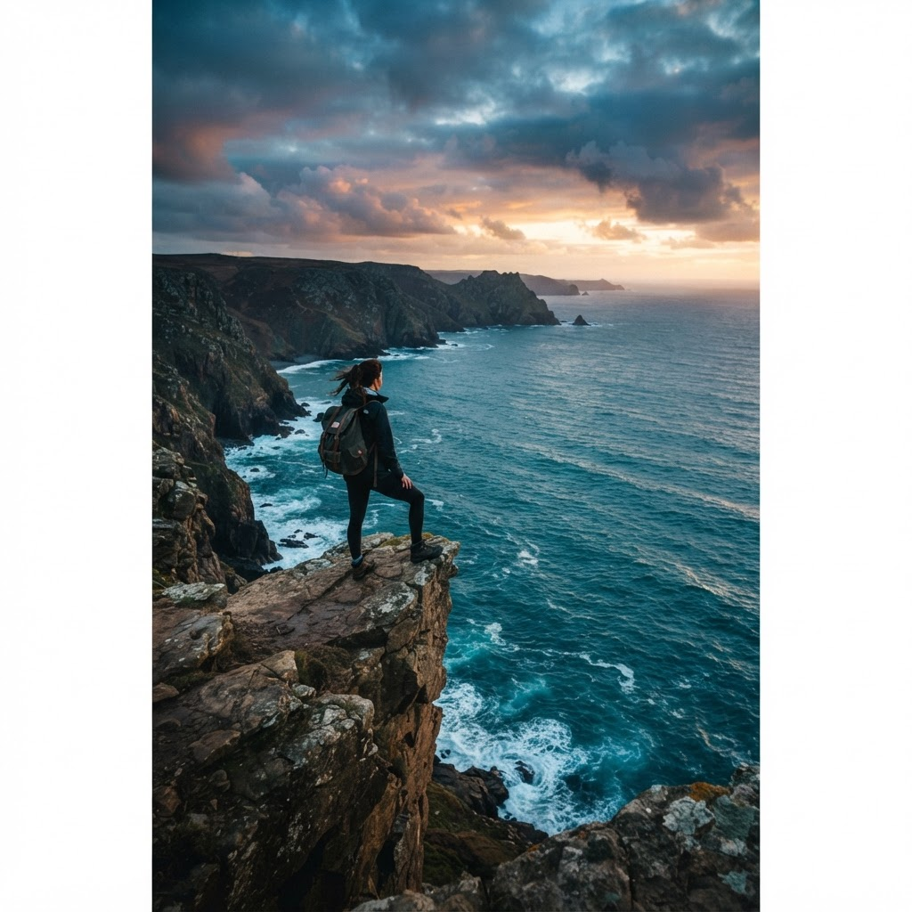 A lone traveler standing on a cliff overlooking the ocean