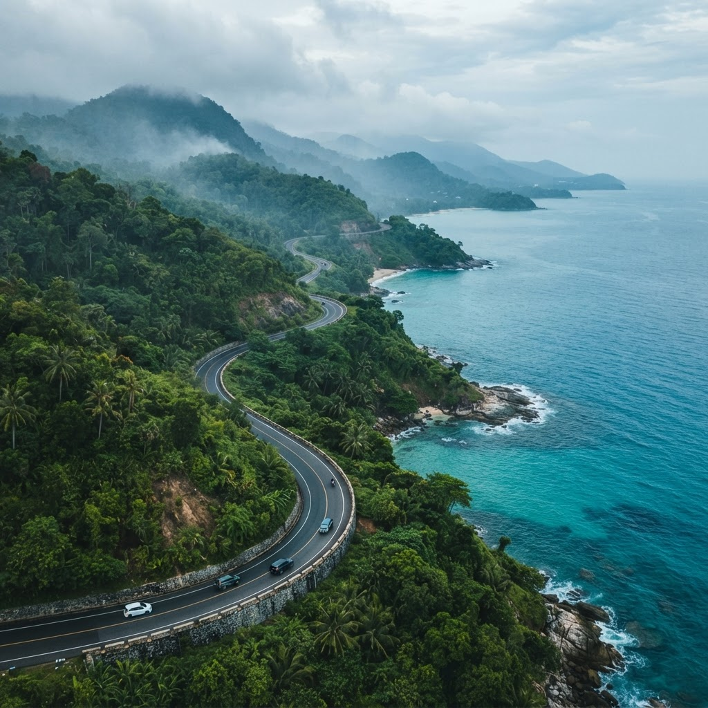 A winding coastal road through tropical hills next to the sea