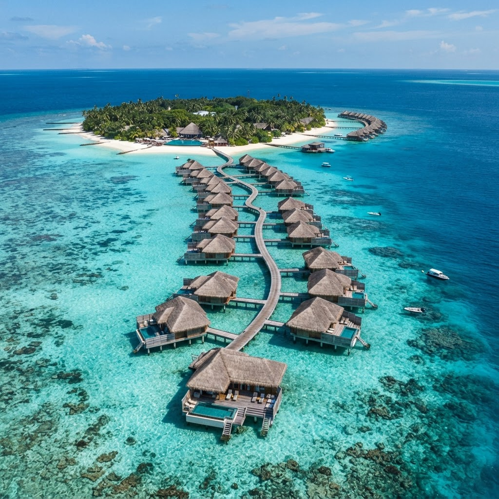 Turquoise ocean water with overwater villas in the Maldives