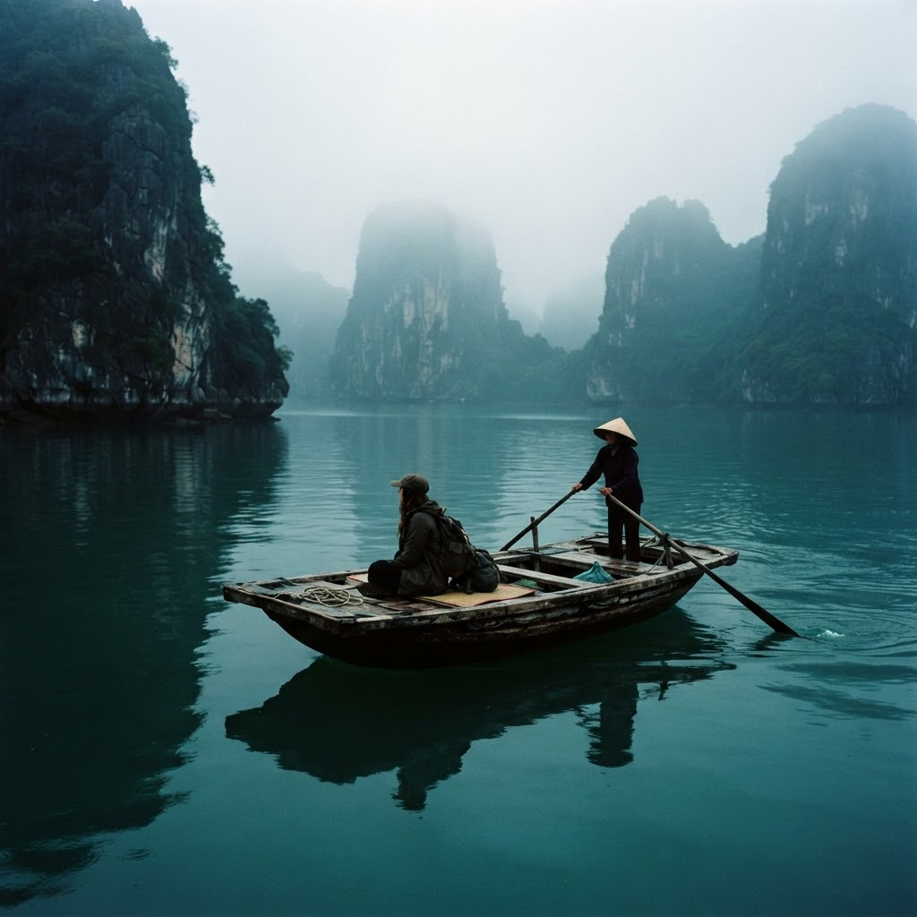 Boat gliding across a misty emerald lagoon