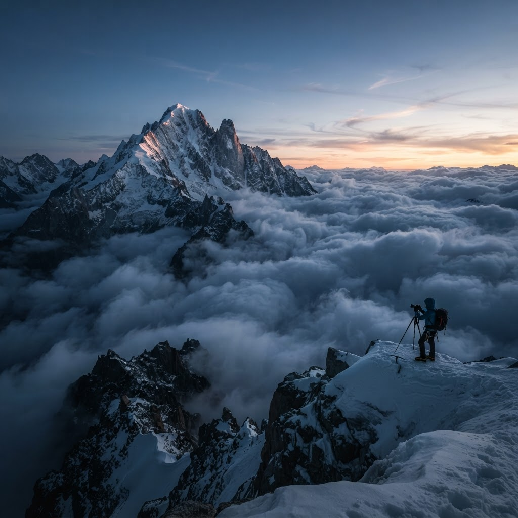 Snow capped peak above a sea of clouds