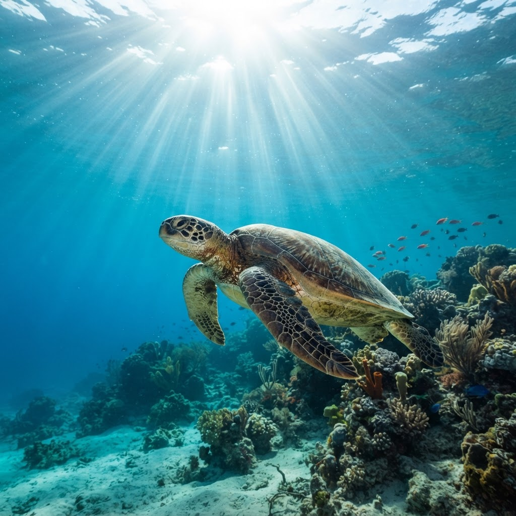 Sea turtle swimming in turquoise water
