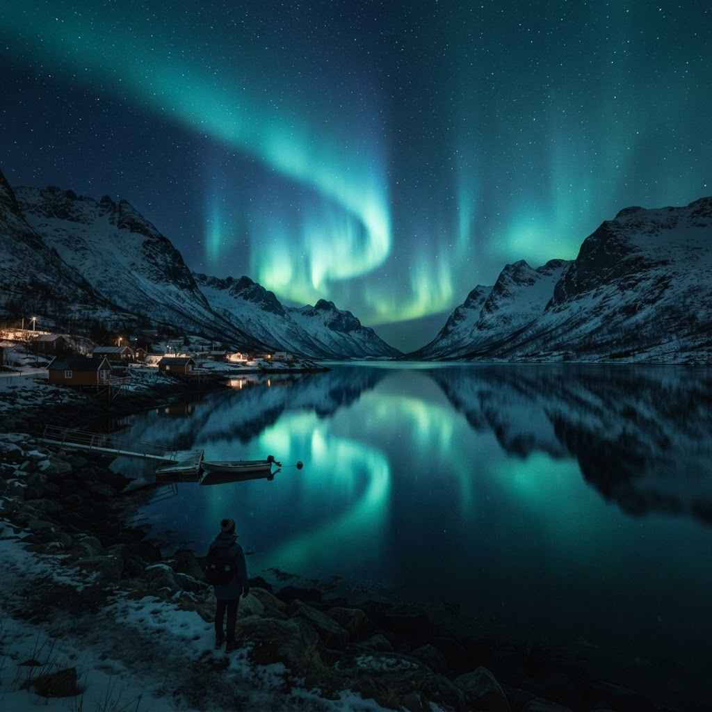 Northern lights over a calm fjord
