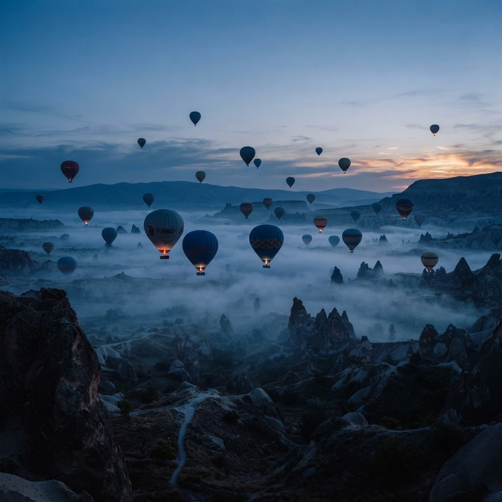 Hot air balloons over a misty valley